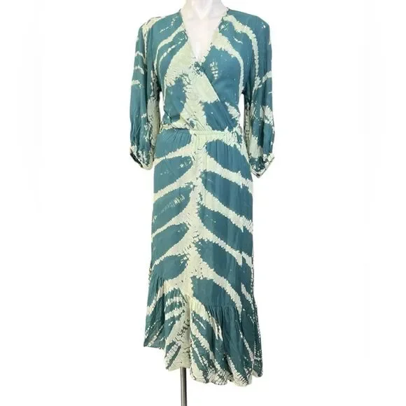 YFB Young Fabulous Broke tie-dye maxi dress S green multi 3/4 sleeve semi-sheer - Picture 2 of 6